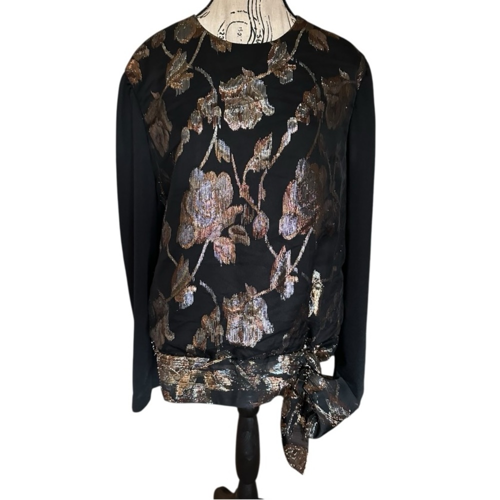 VTG Another Thyme Metallic Floral Tie Blouse Black Sheer Back Made in USA L Y2K